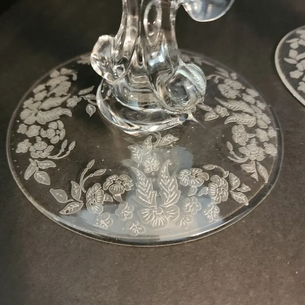 Florentine New Martinsville Pair Candlesticks Etched Elegant Depression Glass